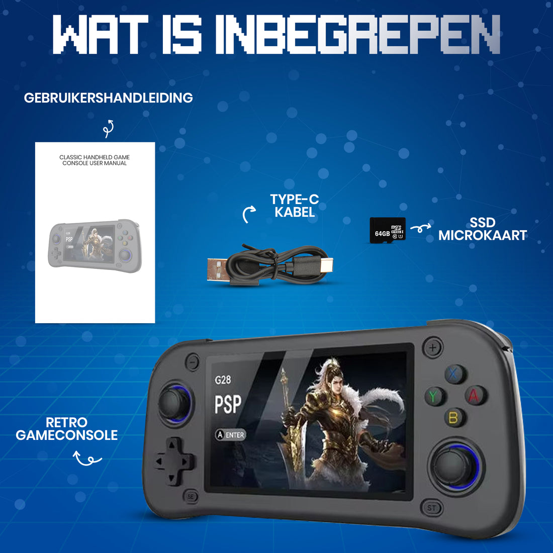 G28 Retro Handheld Game Console – 15.000 Classic Games (Blauw)