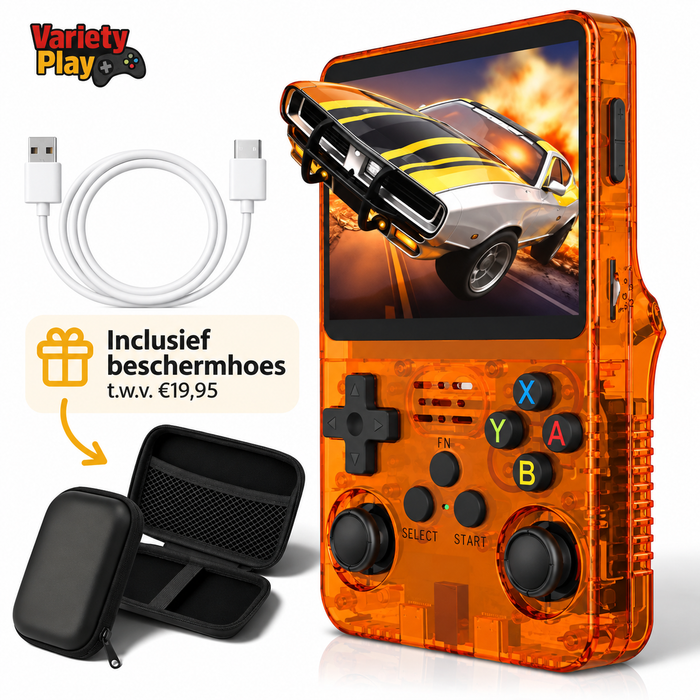 R36S Retro Game Console – Oranje Editie (incl. Beschermhoes)