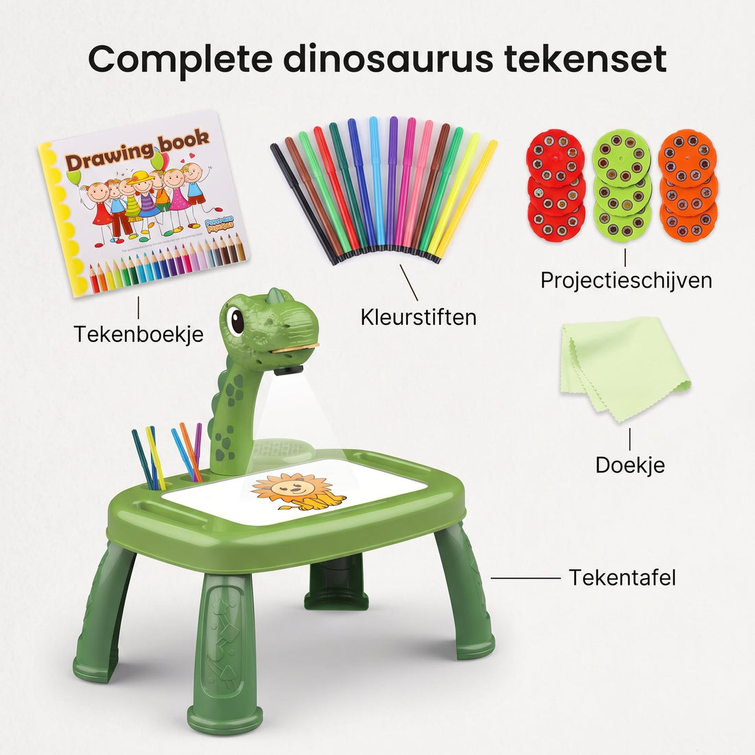Tekentafel met Projector – Tekenbord Dinosaurus met Muziek – Tekenset – Inclusief 12 Kleurstiften, Tekenboek en Projectieschijven – Creatief Speelgoed vanaf 3 Jaar